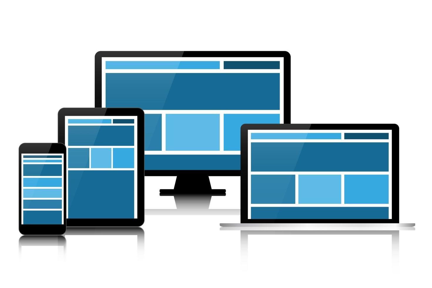 web design totalmente responsivo em dispositivos eletrônicos modernos conjunto de dispositivos de tecnologia digital modernos isolados no fundo branco conceito de negócio para seu infográfico computador smartphone tablet laptop vetor