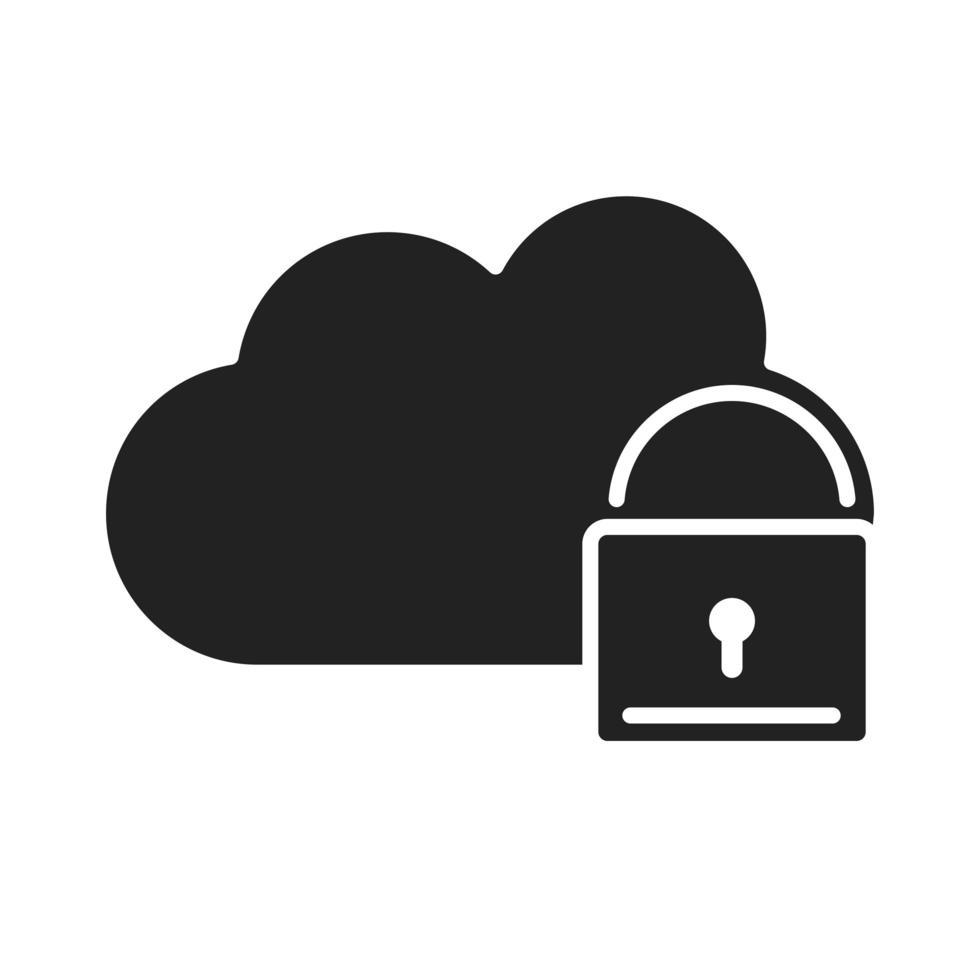 segurança cibernética e informações ou proteção de rede ícone de estilo de silhueta de bloqueio de computação em nuvem vetor