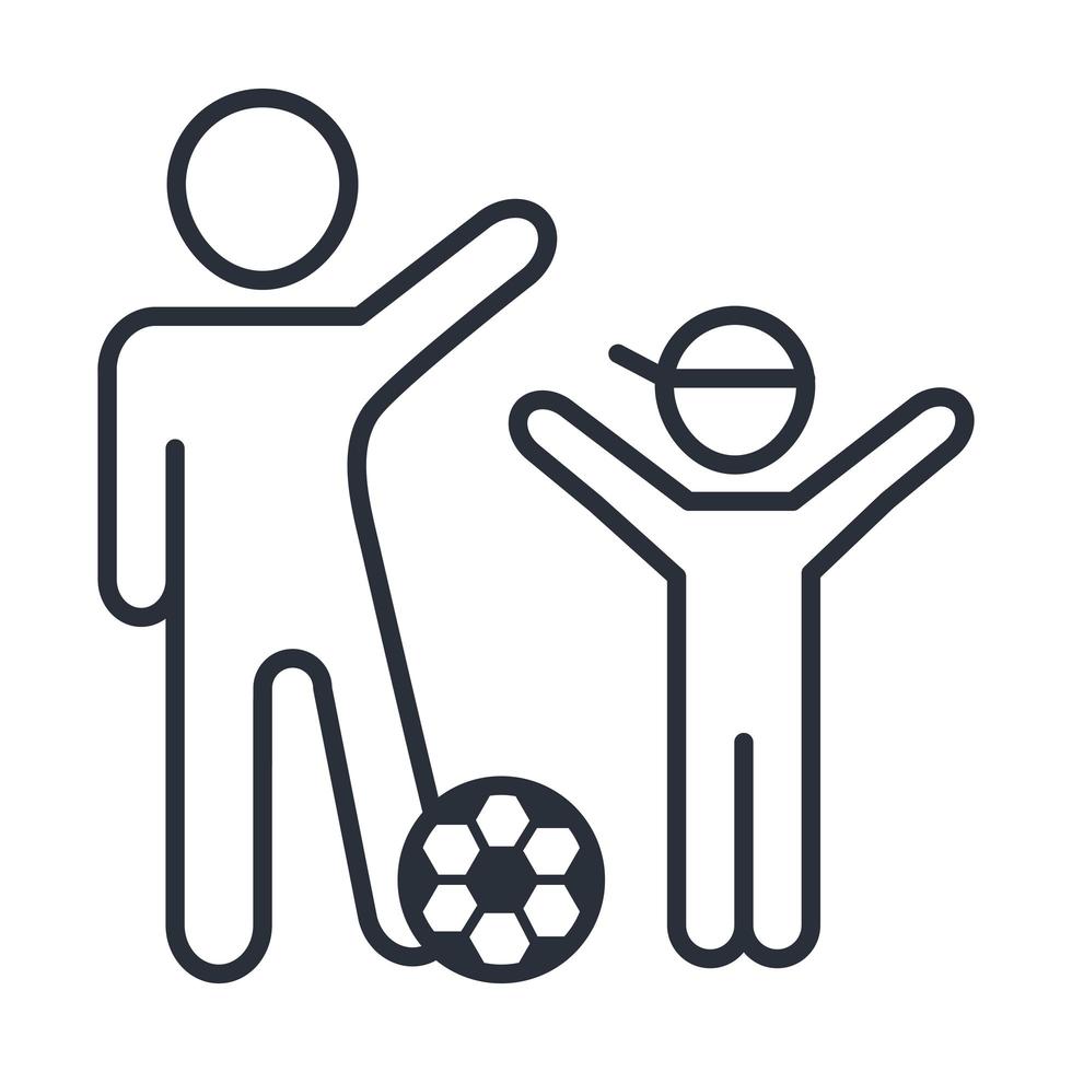 feliz pai e filho brincando com o ícone do dia da família de bola de futebol no estilo do contorno vetor