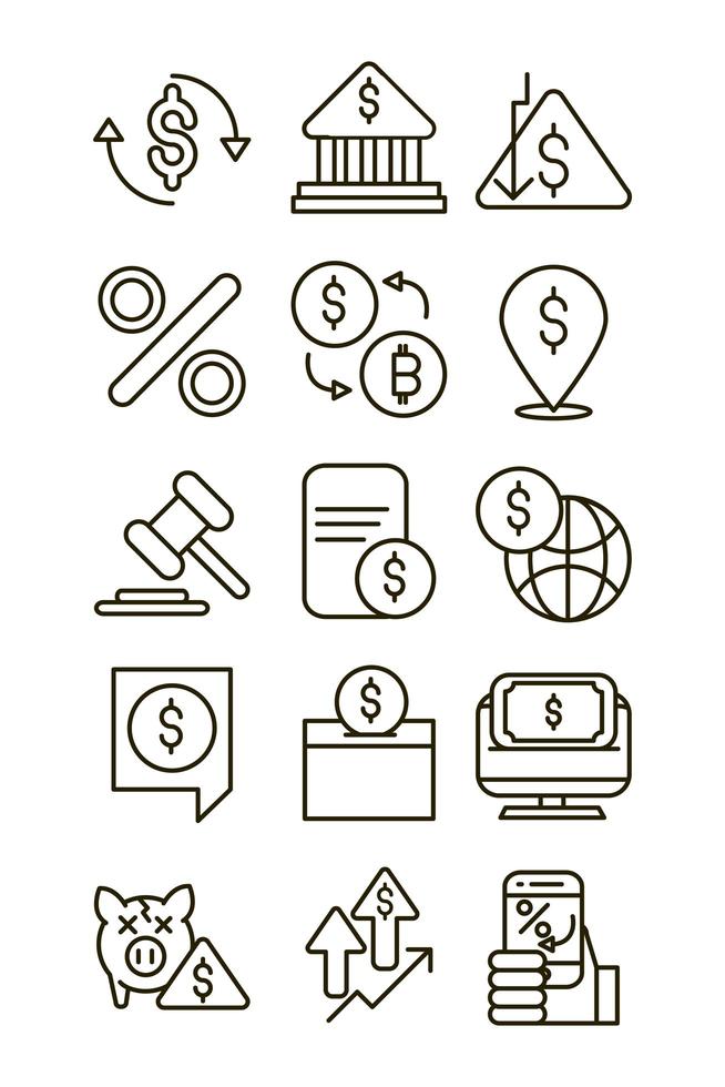mercado de ações financeiro negócios economia dinheiro ícones definir ícone de estilo de linha vetor