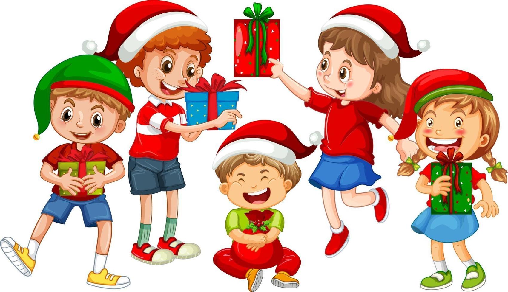 crianças diferentes vestindo fantasias com o tema natal e segurando com sua caixa de presente isolada no fundo branco vetor