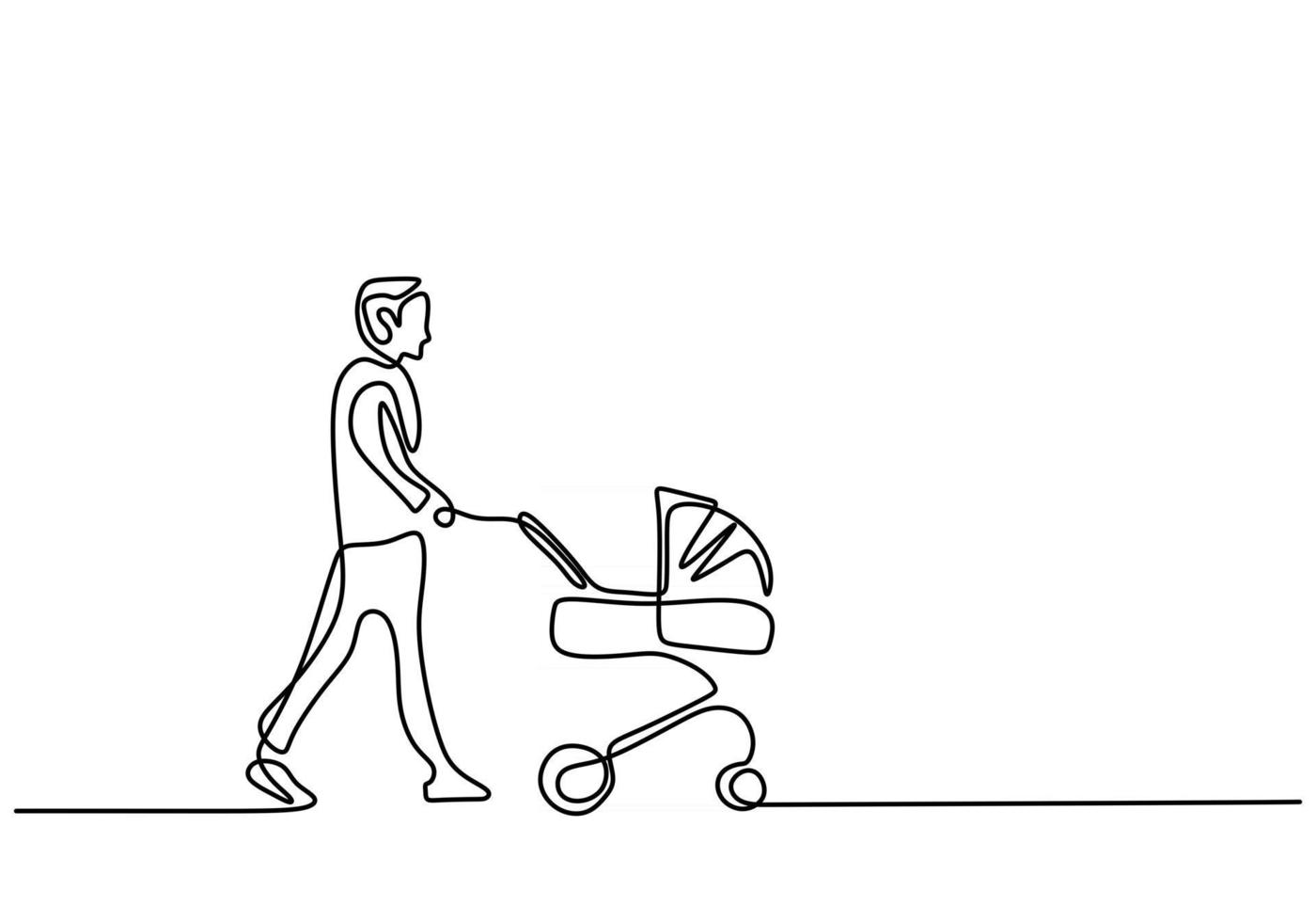 desenho de linha única contínua do jovem pai feliz empurrando o carrinho de bebê isolado no fundo branco vetor
