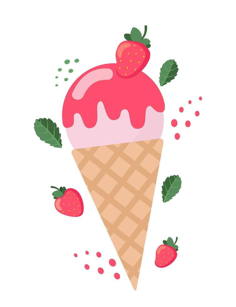 gelo creme morango cone sobremesa. laticínios produtos com fresco e maduro morango. vetor ilustração.