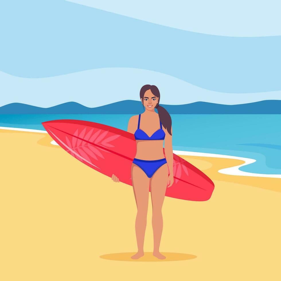 jovem mulher surfista com prancha de surfe em pé em a de praia. sorridente surfista garota. vetor ilustração.