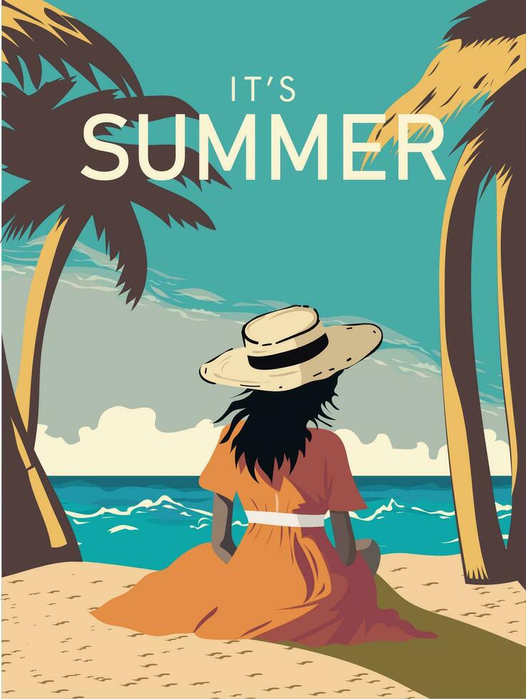 verão Tempo de praia lindo menina plano vetor arte ilustração fundo