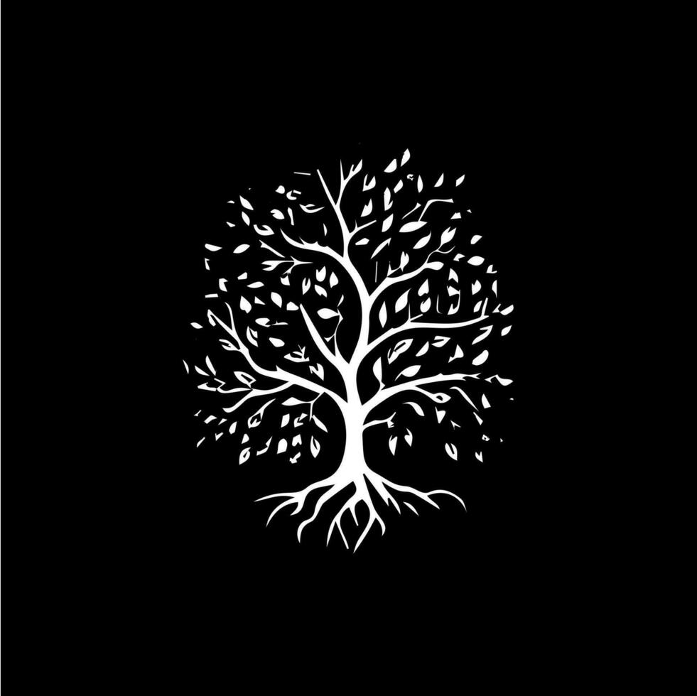 árvore com folhas silhueta ícone, conhecimento símbolo, Educação abstrato sinal, lenhador logotipo conceito, carpintaria logotipo, camiseta imprimir, vida símbolo em Preto fundo. isolado vetor ilustração