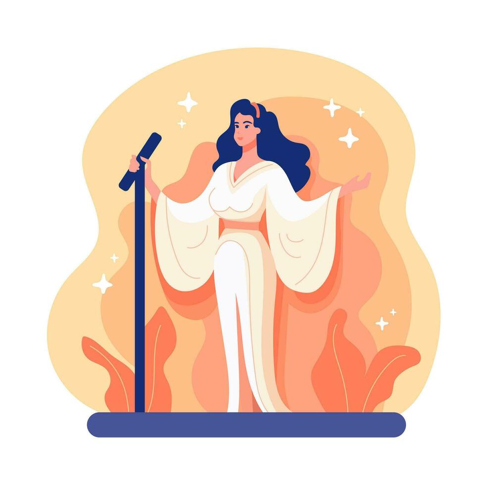 feliz mulher cantor, vocalista vestindo branco vestir e cantando dentro microfone. fofa engraçado fêmea desenho animado personagem. plano colorida vetor em branco