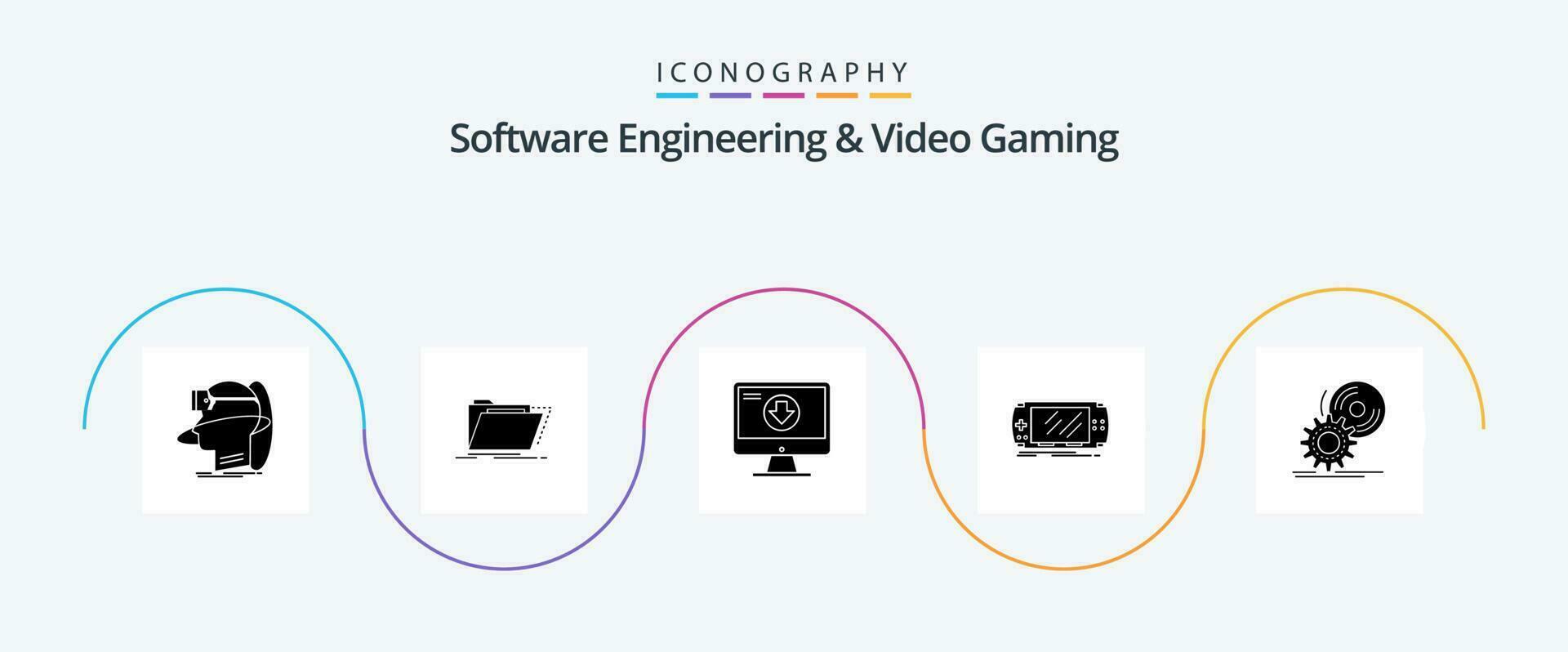 Programas Engenharia e vídeo jogos glifo 5 ícone pacote Incluindo dispositivo. jogo. diretório. download. conteúdo vetor