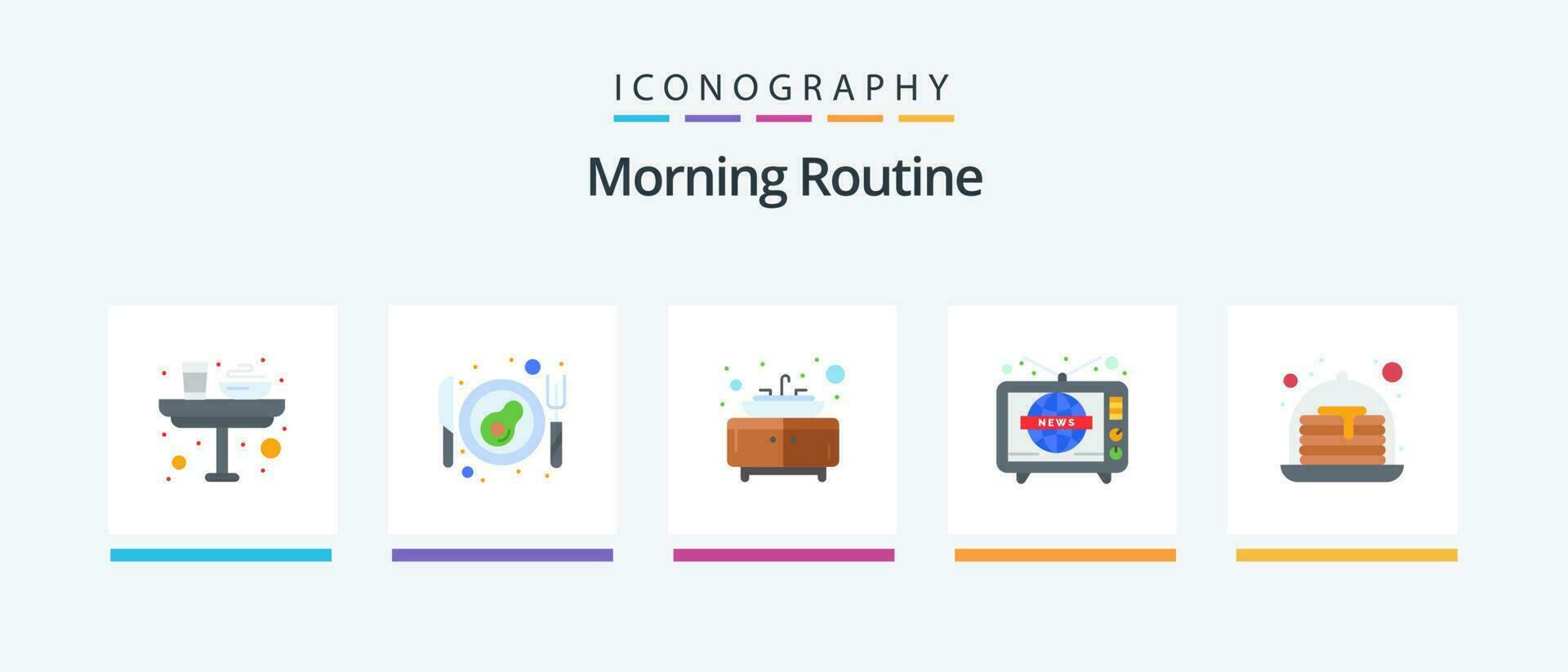 manhã rotina plano 5 ícone pacote Incluindo doces. bolo. banheiro. mundo largo. televisão. criativo ícones Projeto vetor