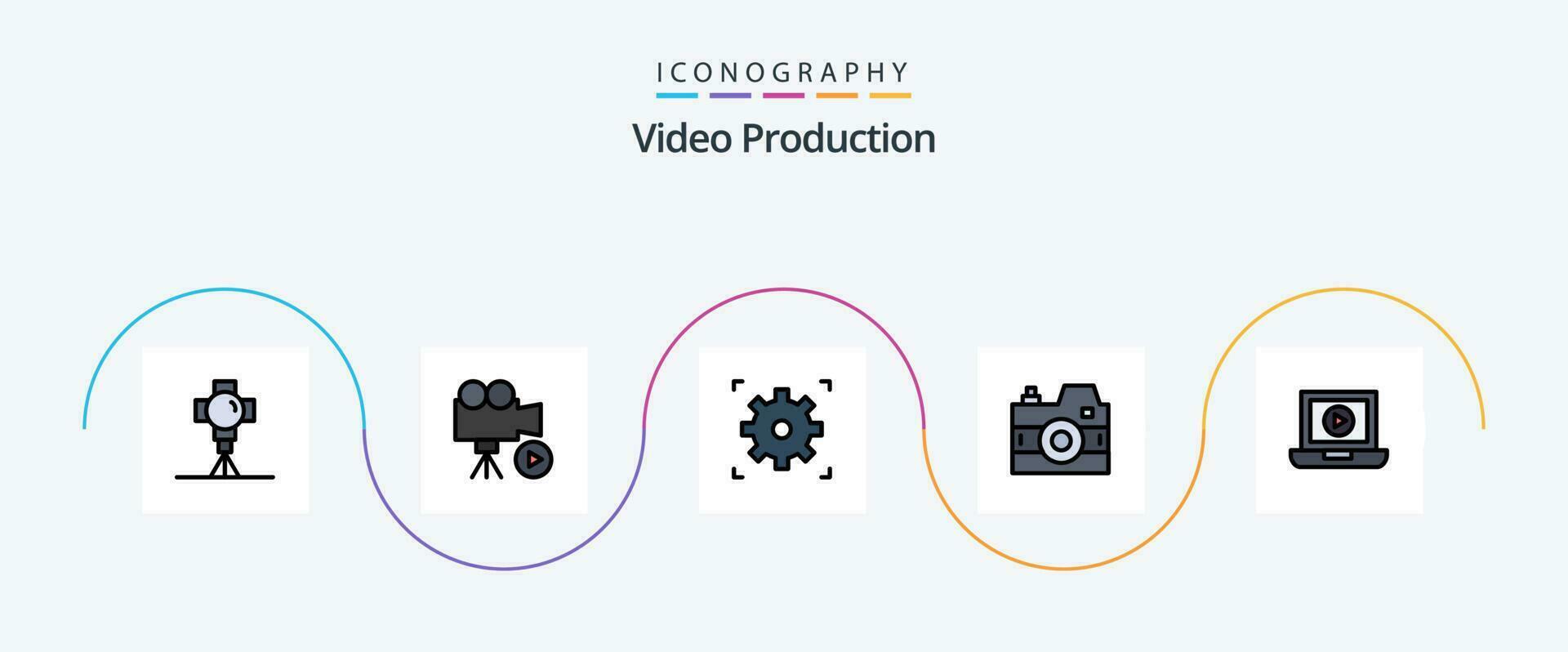 vídeo Produção linha preenchidas plano 5 ícone pacote Incluindo computador portátil. foto. filme. meios de comunicação. configuração vetor