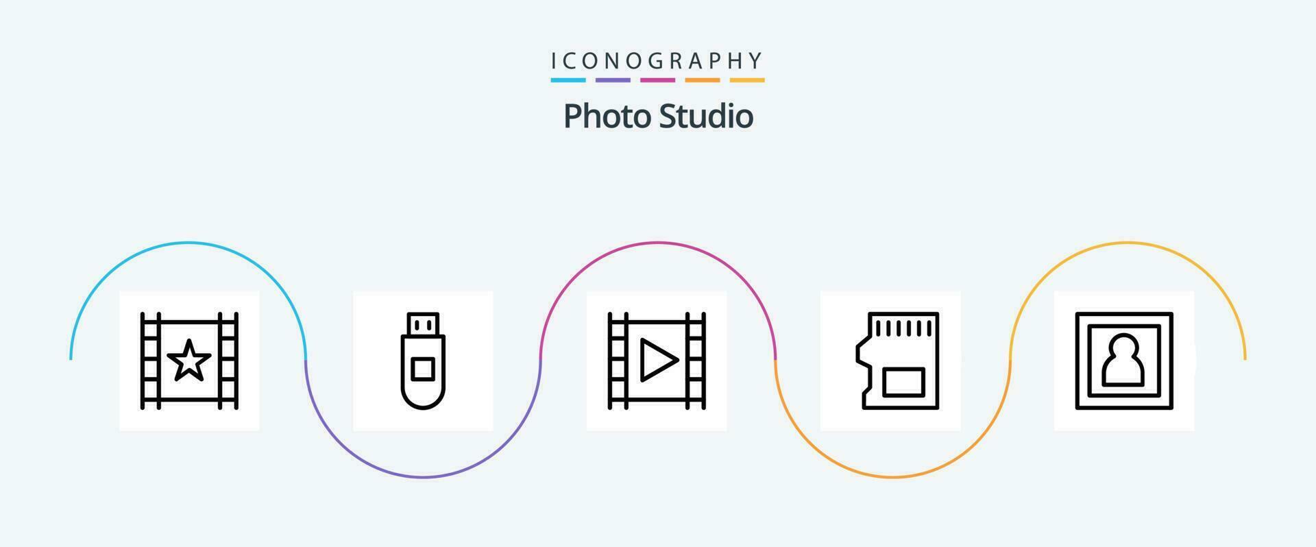 foto estúdio linha 5 ícone pacote Incluindo fotógrafo. dados. meios de comunicação pág. armazenar. SD cartão vetor