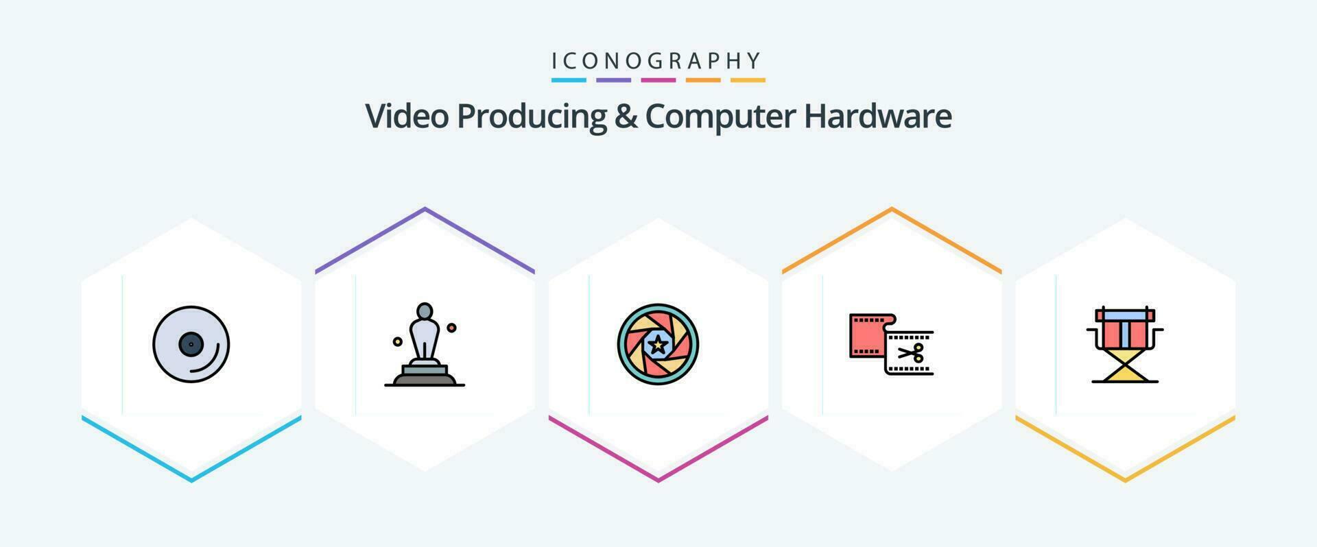 vídeo produzindo e computador hardware 25 linha preenchida ícone pacote Incluindo edição. corte. troféu. grampo. filme vetor