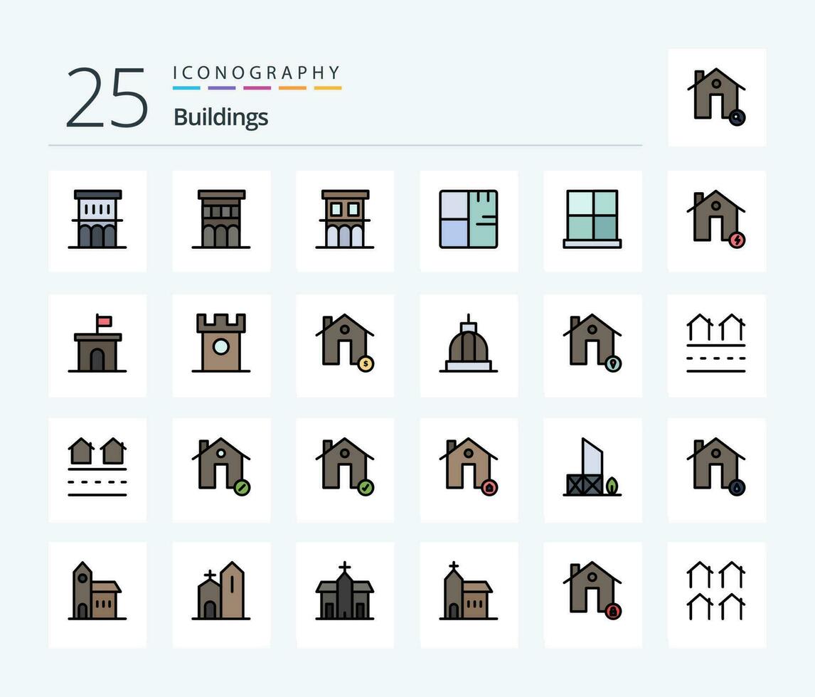 edifícios 25 linha preenchidas ícone pacote Incluindo cobrar. bateria. mapa. casa porta. portão vetor