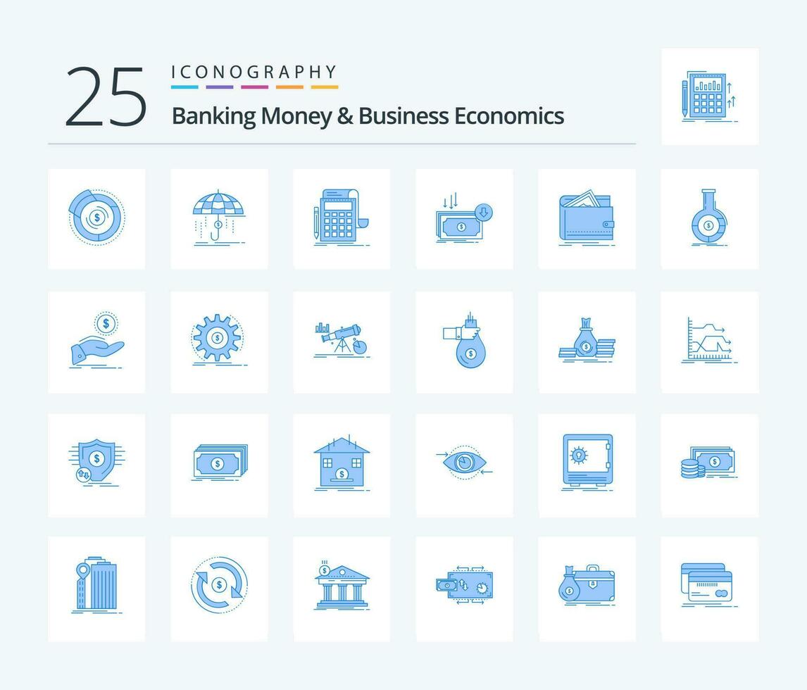 bancário dinheiro e o negócio economia 25 azul cor ícone pacote Incluindo corte. negócios. dinheiro. calculadora. bancário vetor