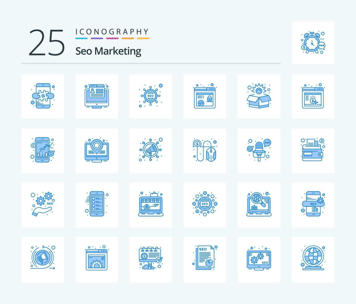 seo marketing 25 azul cor ícone pacote Incluindo caixa. marketing. marketing. navegador seo. http vetor
