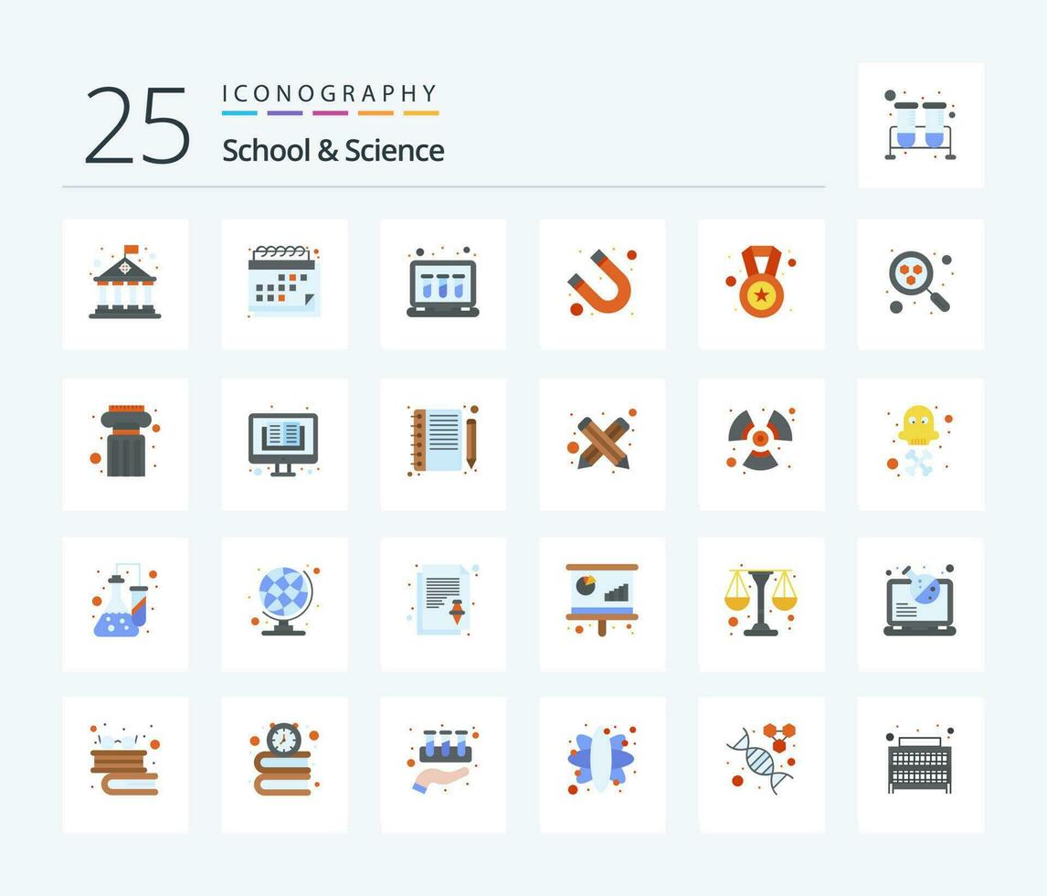 escola e Ciência 25 plano cor ícone pacote Incluindo medalha. químico. Ciência. atração vetor