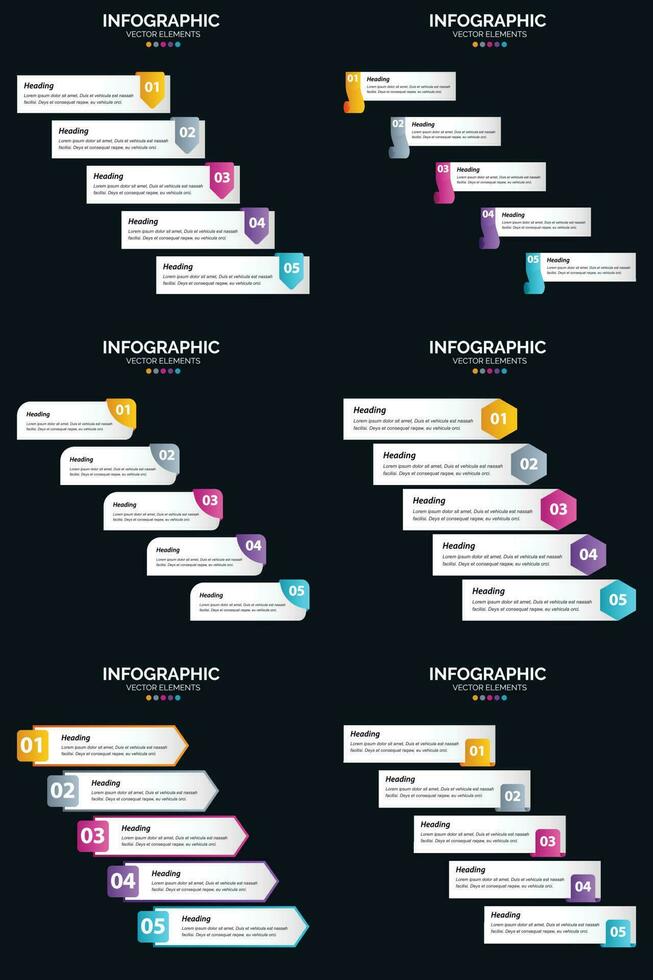 modelo de slide de apresentação de pacote de infográficos vetor 6 diagramas de ciclo de 5 etapas e linhas do tempo