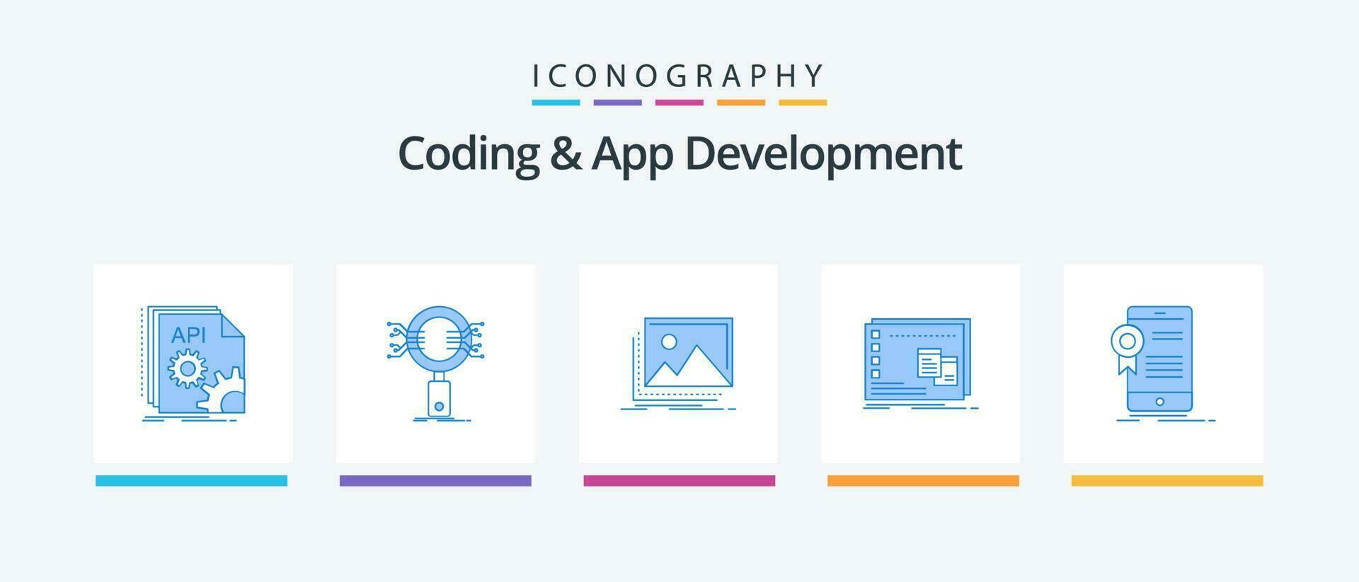codificação e aplicativo desenvolvimento azul 5 ícone pacote Incluindo operacional. janela. pesquisar. foto. panorama. criativo ícones Projeto vetor
