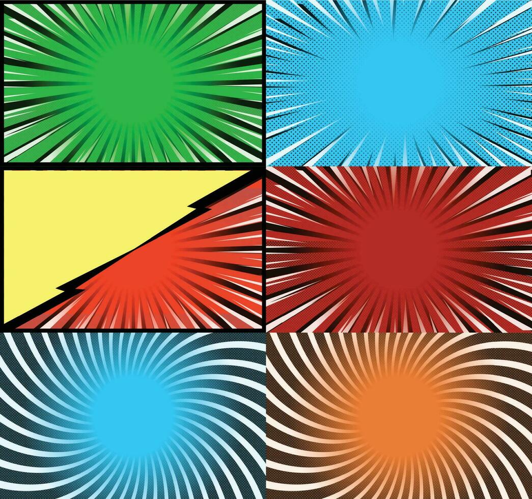 fundo de quadros coloridos de quadrinhos com raios de meio-tom radial e efeitos pontilhados estilo pop art vetor