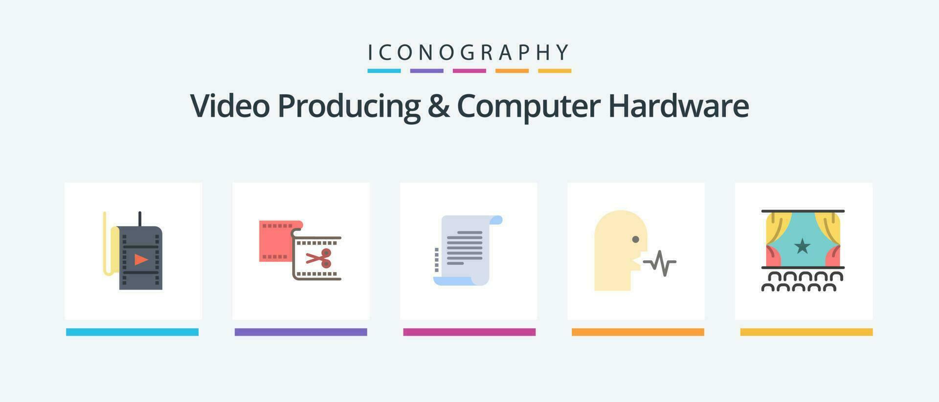 vídeo produzindo e computador hardware plano 5 ícone pacote Incluindo falar. pessoa. filme. humano. roteiro. criativo ícones Projeto vetor