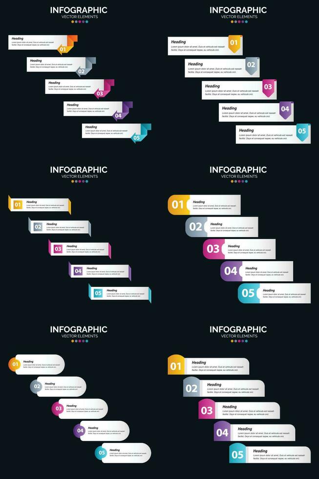 modelo de slide de apresentação de pacote de infográficos vetor 6 diagramas de ciclo de 5 etapas e linhas do tempo