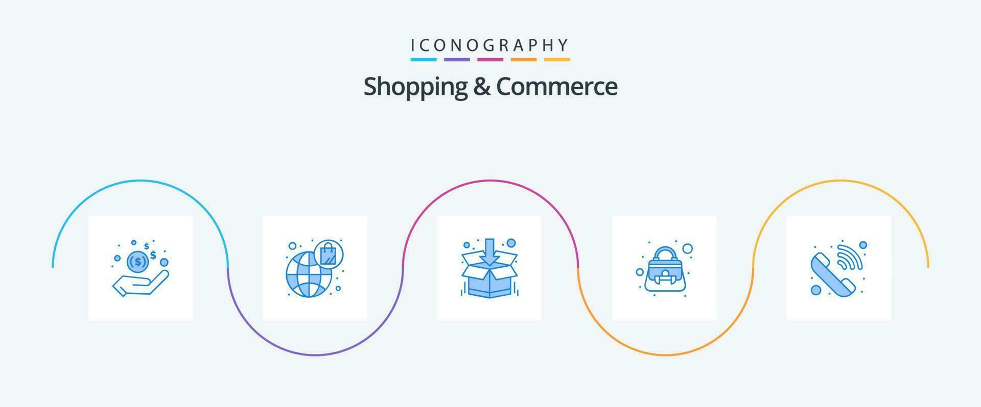 compras e comércio azul 5 ícone pacote Incluindo entrada chamar. ombro bolsa. caixa. bolsa. Bolsa vetor