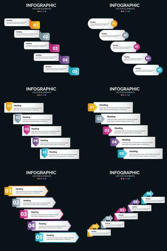 modelo de slide de apresentação de pacote de infográficos vetor 6 diagramas de ciclo de 5 etapas e linhas do tempo