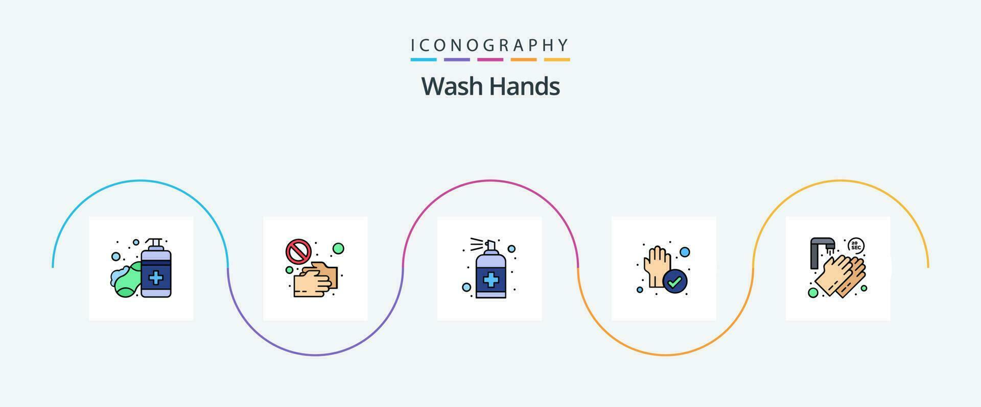 lavar mãos linha preenchidas plano 5 ícone pacote Incluindo proteção. mão. mexe mão. sabão. mão vetor