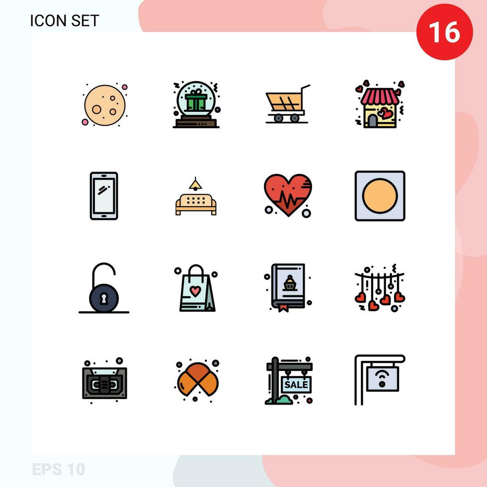 16 plano cor preenchidas linha conceito para sites Móvel e apps inteligente telefone namorados carrinho loja amor editável criativo vetor Projeto elementos