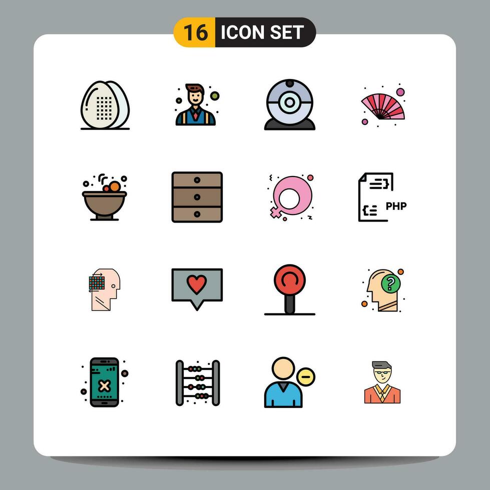 16 plano cor preenchidas linha conceito para sites Móvel e apps Comida vento pessoas gras ventilador editável criativo vetor Projeto elementos