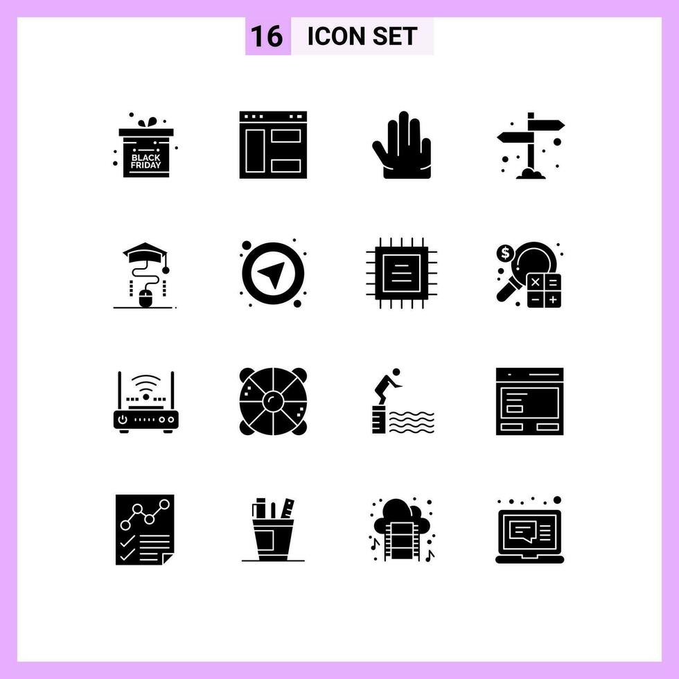 16 sólido glifo conceito para sites Móvel e apps Educação graduação quatro rato direção editável vetor Projeto elementos