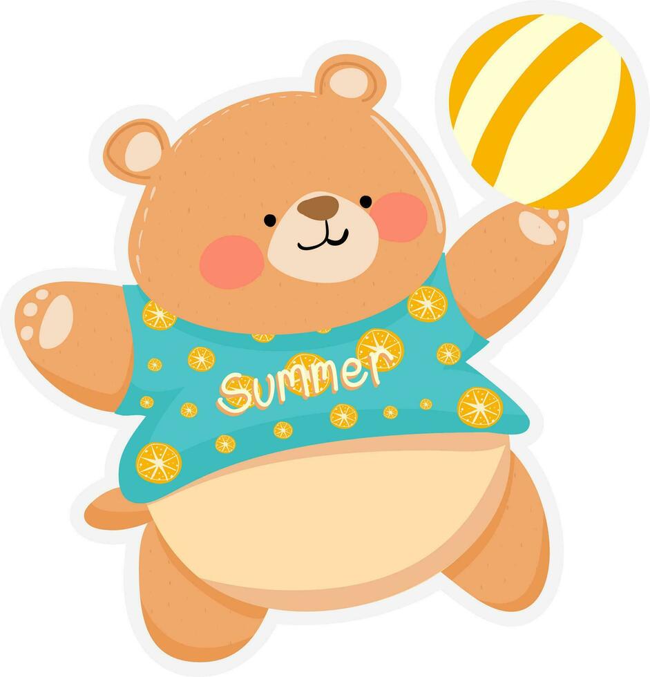 verão Diversão com Urso de pelúcia desenho animado voleibol jogos para crianças feliz infância, família alegria, e brincalhão Projeto de a Beira Mar. vetor