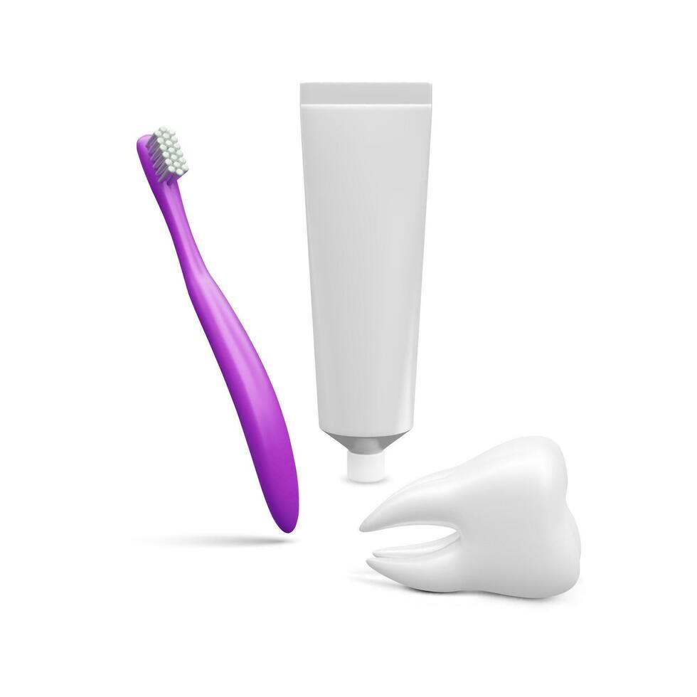 realista tubo brincar pasta de dentes, branco dente e escova de dente. vetor ilustração