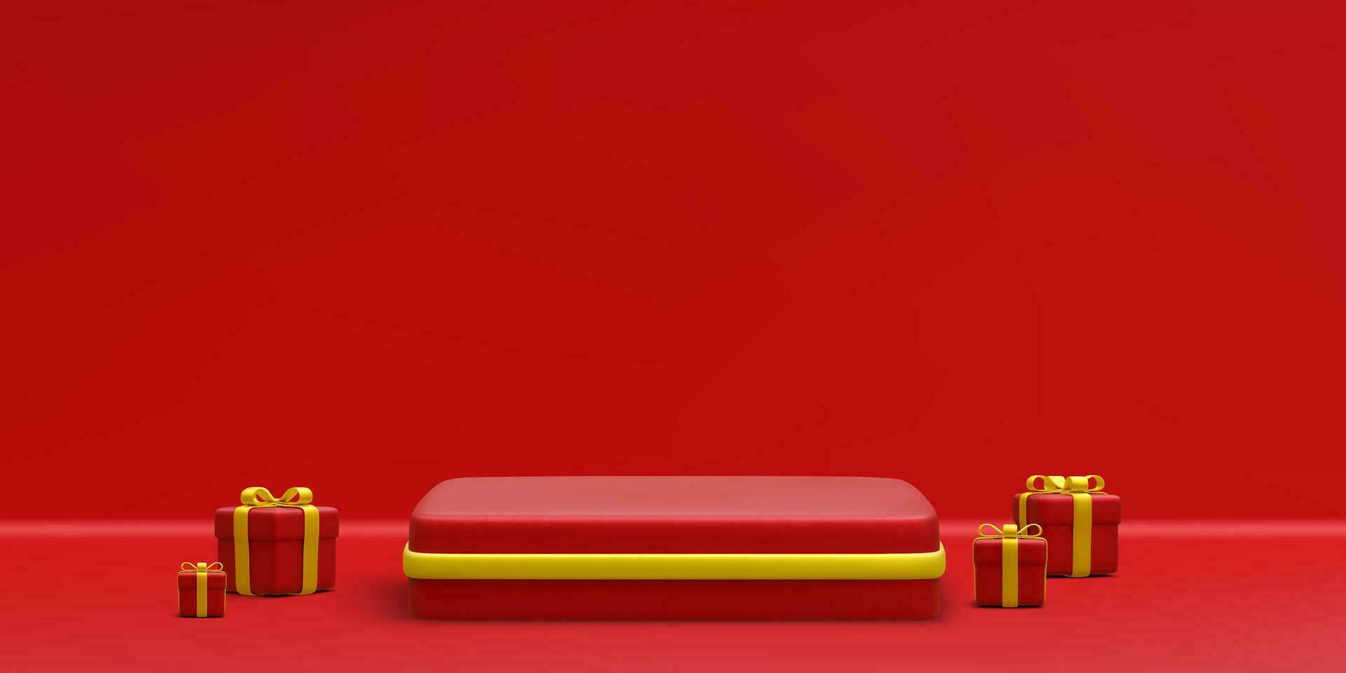 3d realista vermelho pódio com ouro em luz fundo. cena e plataforma com presente caixas em luz fundo. Projeto pedestal para Natal. vetor ilustração