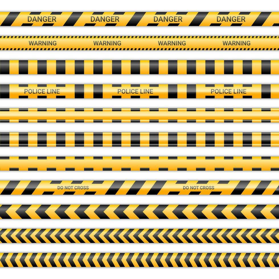 polícia linhas e não Cruz fitas. Cuidado e Perigo fitas dentro amarelo e Preto cor. Atenção sinais coleção isolado em branco fundo. vetor ilustração