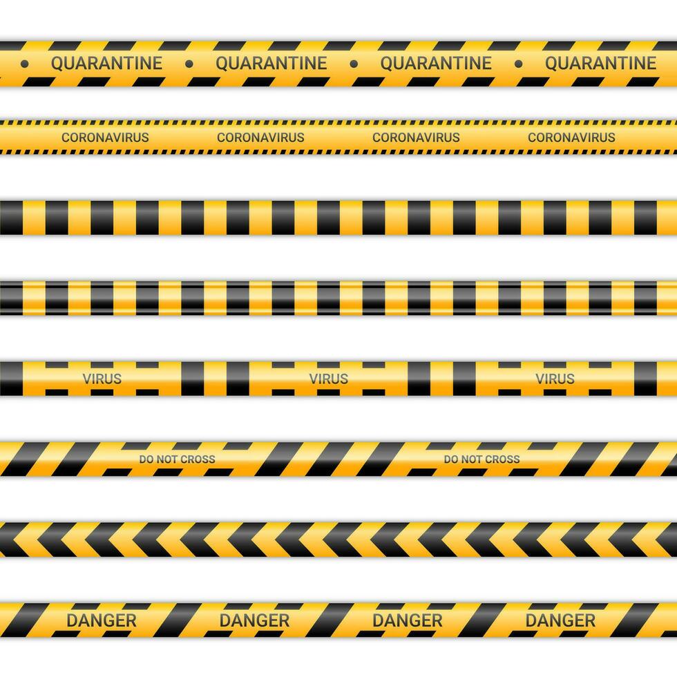 quarentena linhas e caronavírus fitas. vírus fitas dentro amarelo e Preto cor. Atenção sinais coleção isolado em branco fundo. vetor ilustração