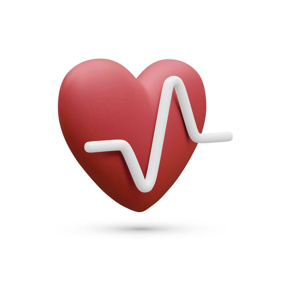 3d realista vermelho coração com branco pulso para médico apps e sites. médico cuidados de saúde conceito. coração pulso, batimento cardiaco linha, eletrocardiograma. vetor ilustração