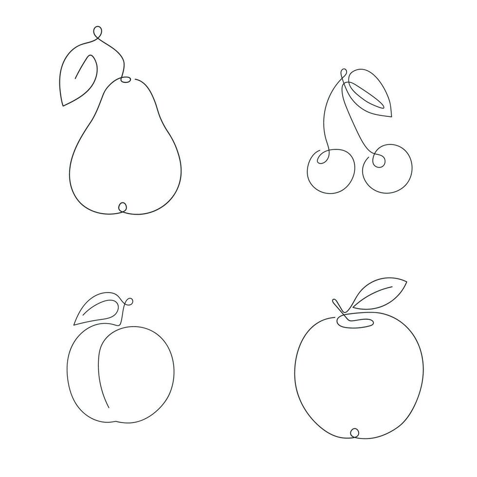 fruta conjunto ameixa, cereja, maçã, pera desenhado dentro 1 contínuo linha. 1 linha desenho, minimalismo. vetor ilustração.