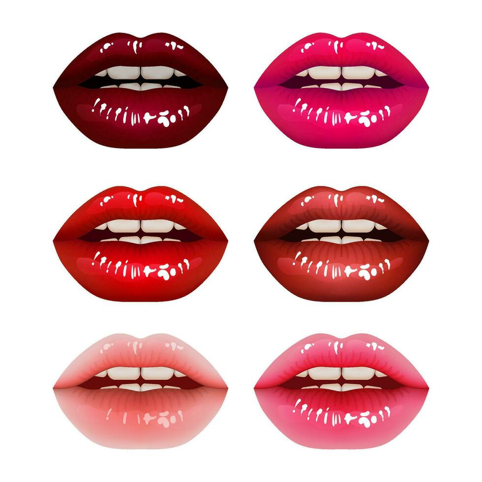 coleção do lindo 3d ilustrações do realista e lustroso lábios. conjunto do beleza e glamour lábios, com quente Rosa e vibrante vermelho tons. sexy lábios simbolizar desejo e amor vetor