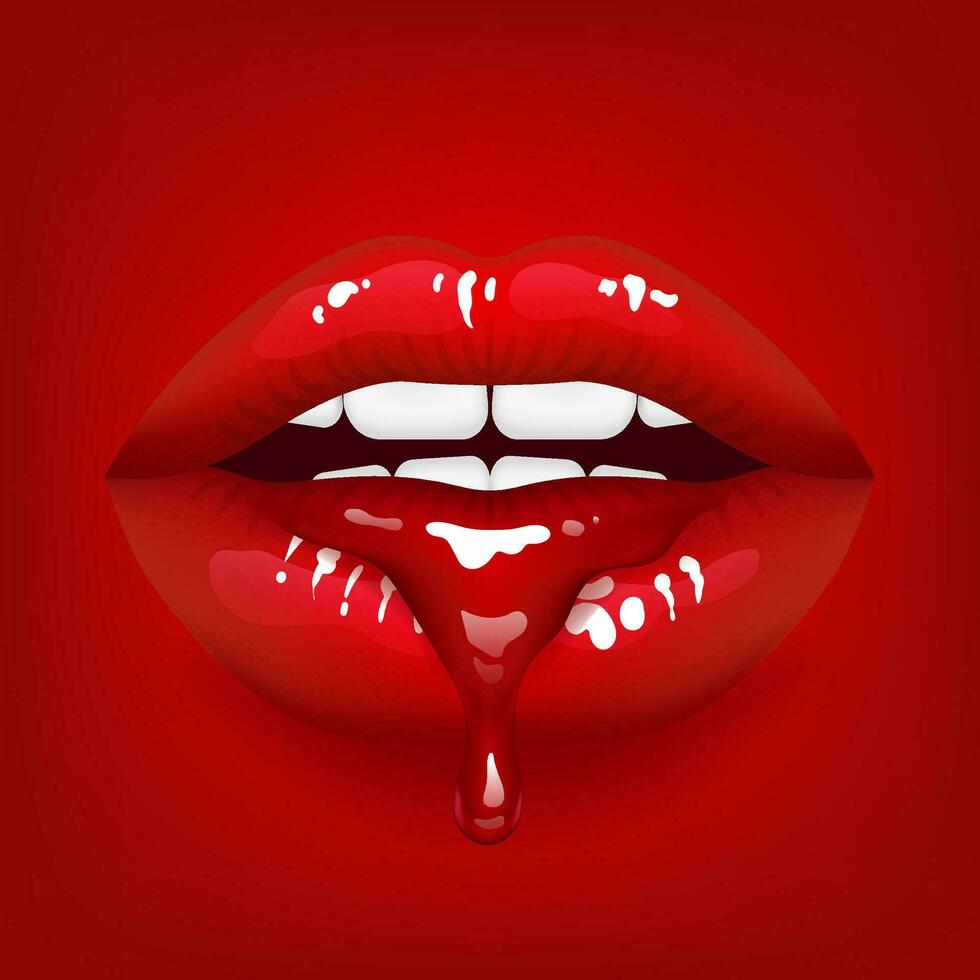 3d ilustração apresentando realista vermelho lábios com uma cativante brilhar. uma batom gotejamento acrescenta uma toque do fascinar e desejo. perfeito para moda, beleza. realista vermelho lábios gotejamento com lustroso batom vetor