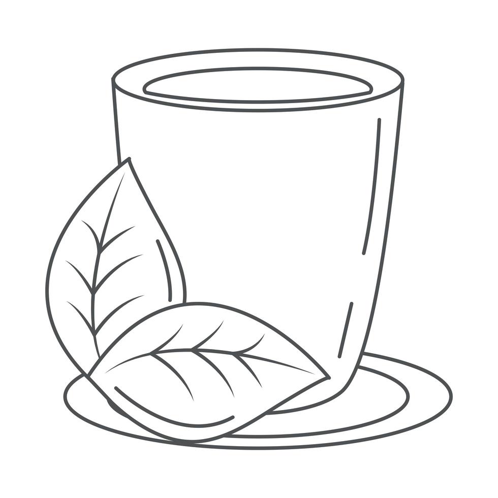 xícara de chá com folha em estilo de ícone de linha de prato vetor