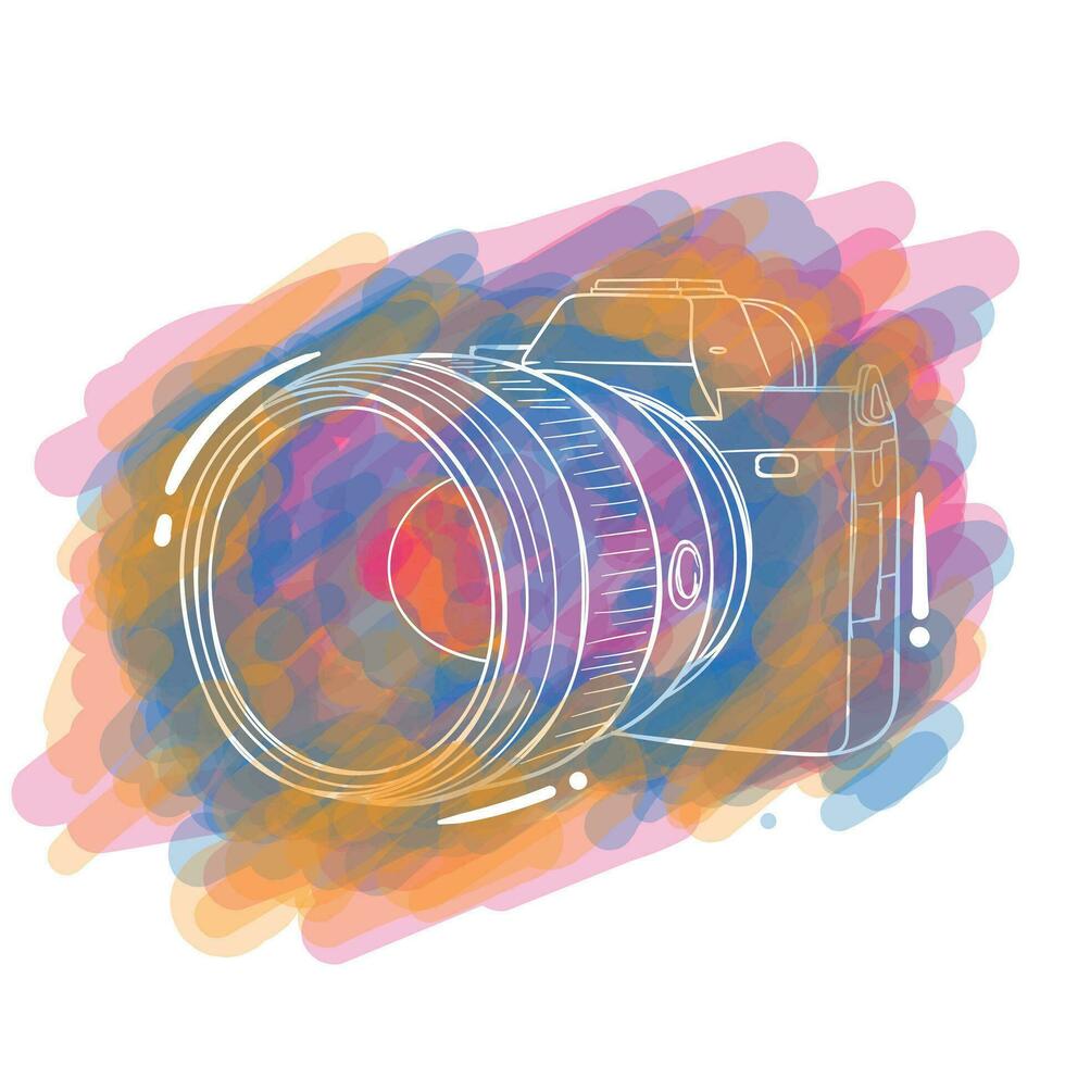 Câmera com grande lente dentro mão desenhado e água pintura Projeto para fotografia dia modelo Projeto vetor