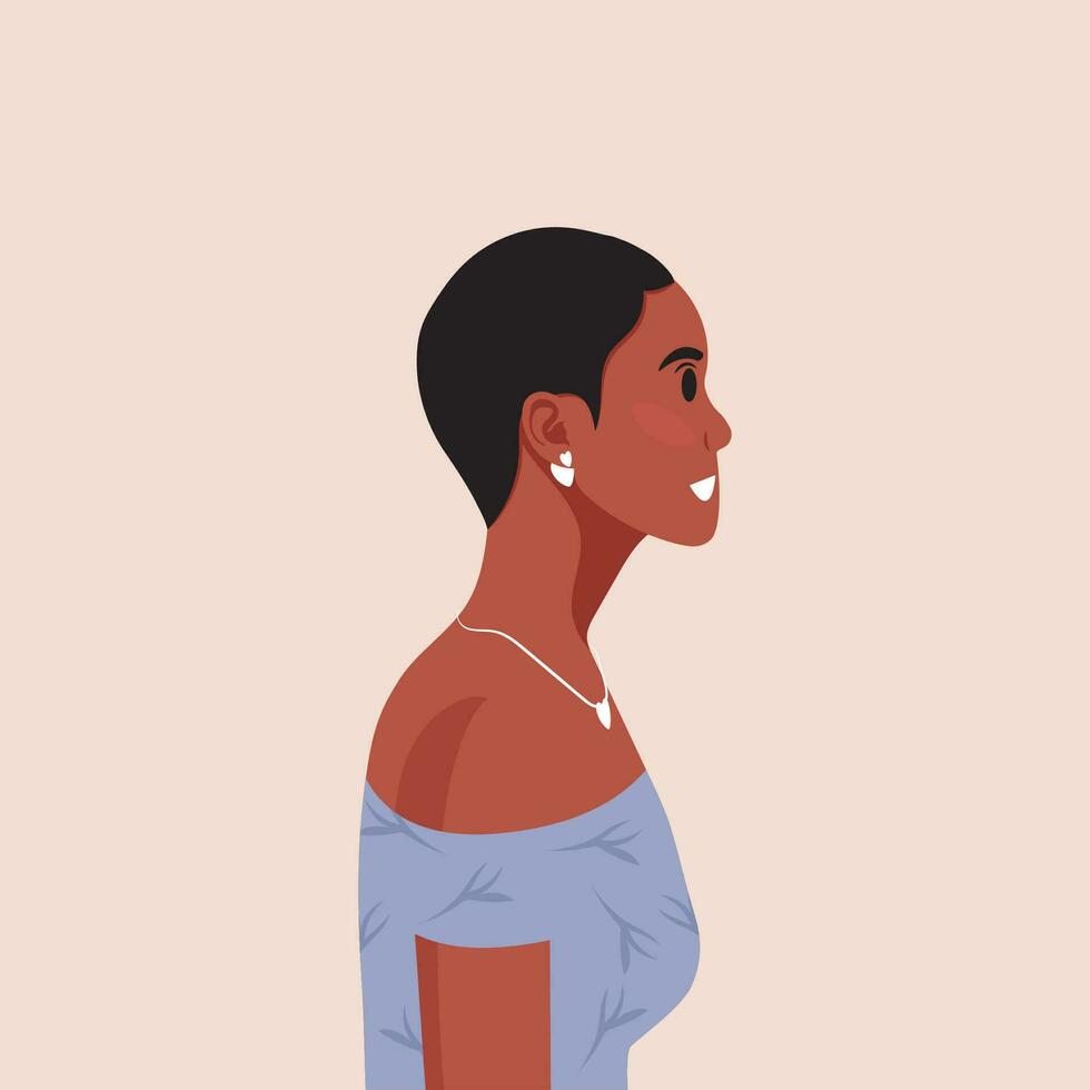 jovem lindo africano americano mulher perfil retrato. fêmea pessoa com Castanho pele e encaracolado cabelo. vetor ilustração