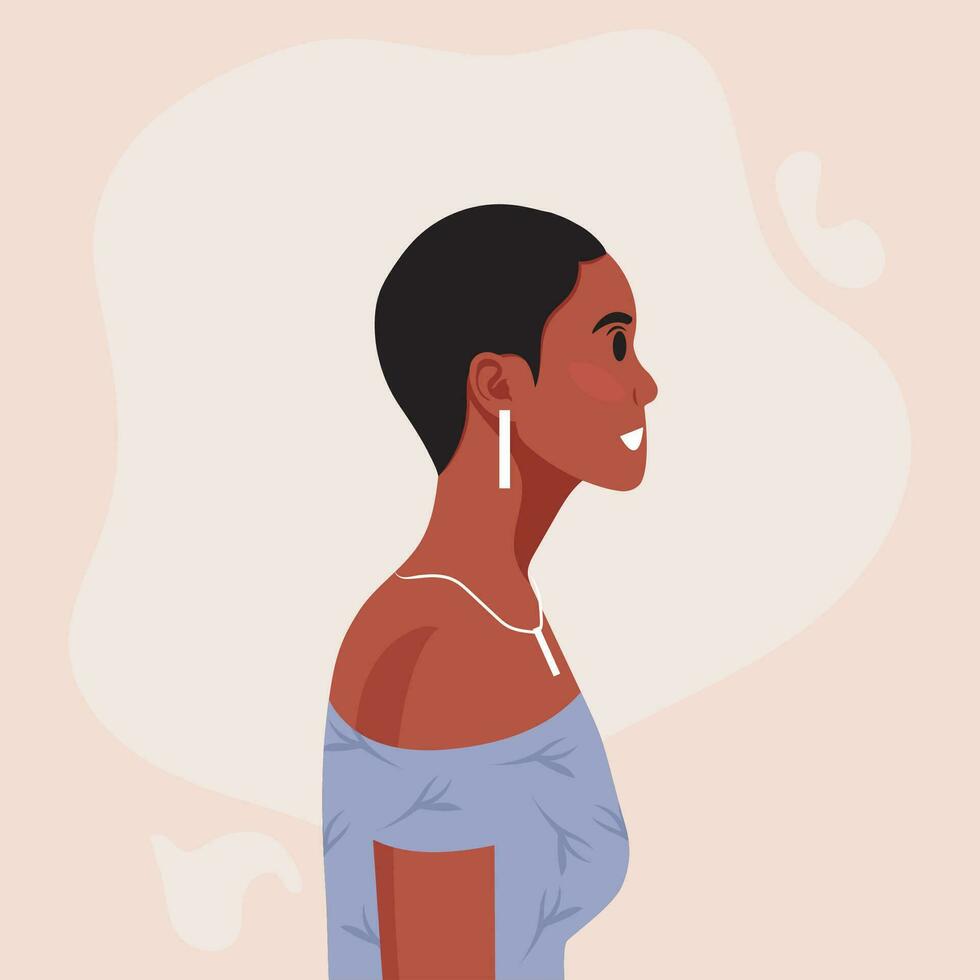 jovem lindo africano americano mulher perfil retrato. fêmea pessoa com Castanho pele e encaracolado cabelo. vetor ilustração