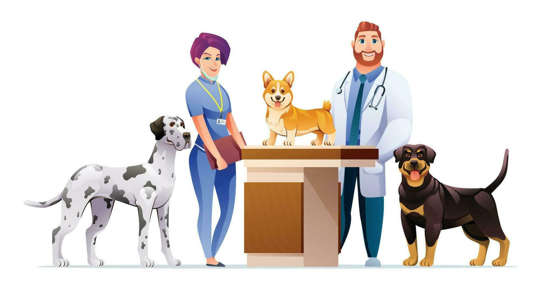 homem e mulher Veterinários com fofa cachorros vetor ilustração