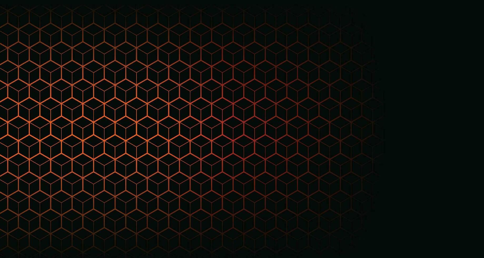 padrão de hexágono preto escuro sobre fundo abstrato de néon vermelho, laranja no estilo de tecnologia. design de bandeira da web de forma geométrica futurista moderna. você pode usar como modelo de capa, pôster. ilustração vetorial vetor