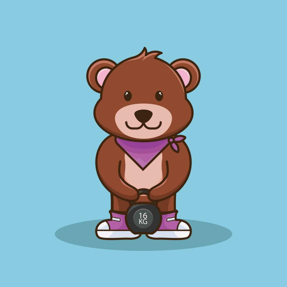 mascote logotipo Urso elevação kettlebell vetor Projeto. Academia exercite-se logotipo, fofa adesivo, desenho animado estilo