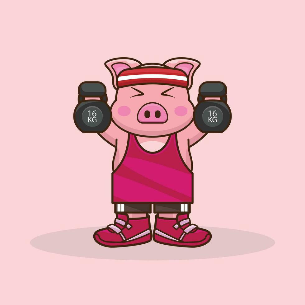 motivado porco desenho animado personagem Treinamento Difícil com uma Kettlebells vetor