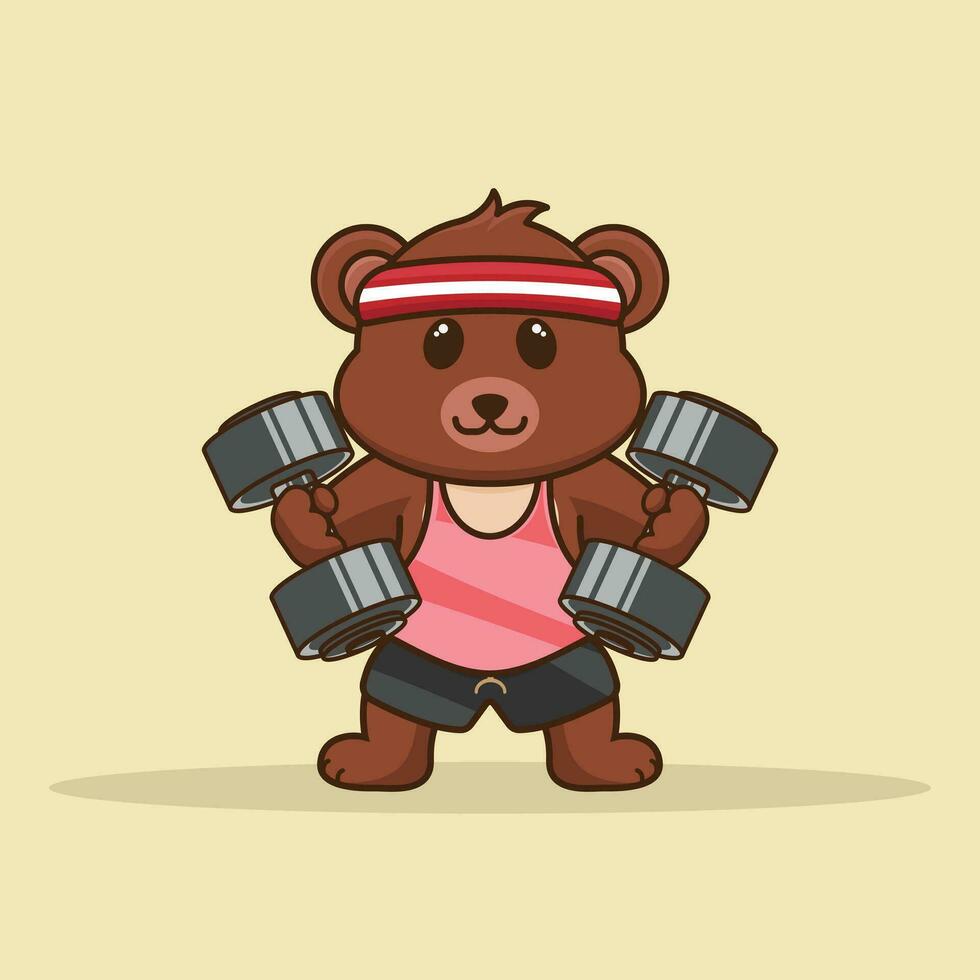 fofa mascote Urso elevação haltere, Academia exercite-se ícone, fofa adesivo, desenho animado estilo vetor