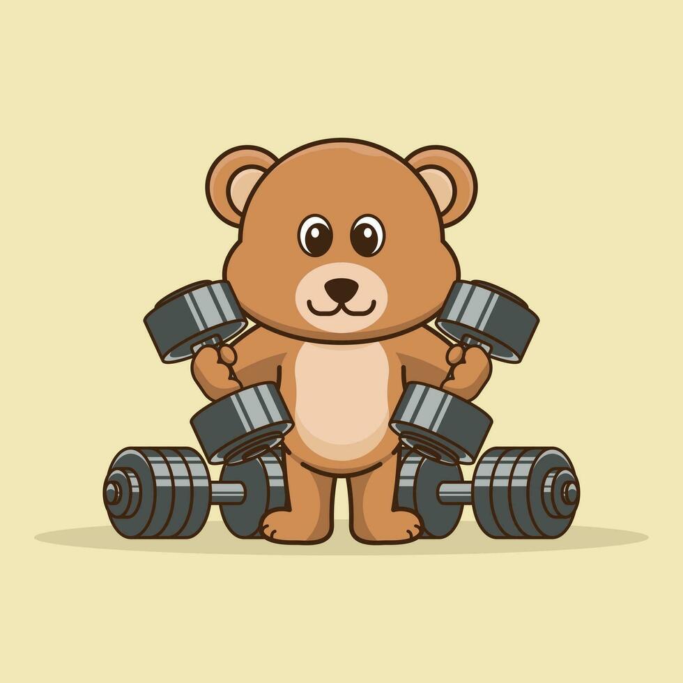 fofa mascote Urso elevação haltere, fofa adesivo, Academia exercite-se mascote, desenho animado estilo vetor